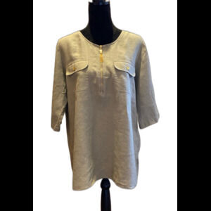 Ellen Tracy Blouse 100% Linen Sz Large Gray Green Top Tunic Front Pockets Hi Low